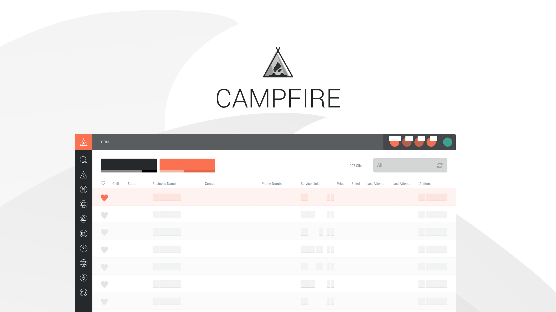 Campfire, the in-house CRM — client list with status, business name, contact, service links, pricing and billing columns