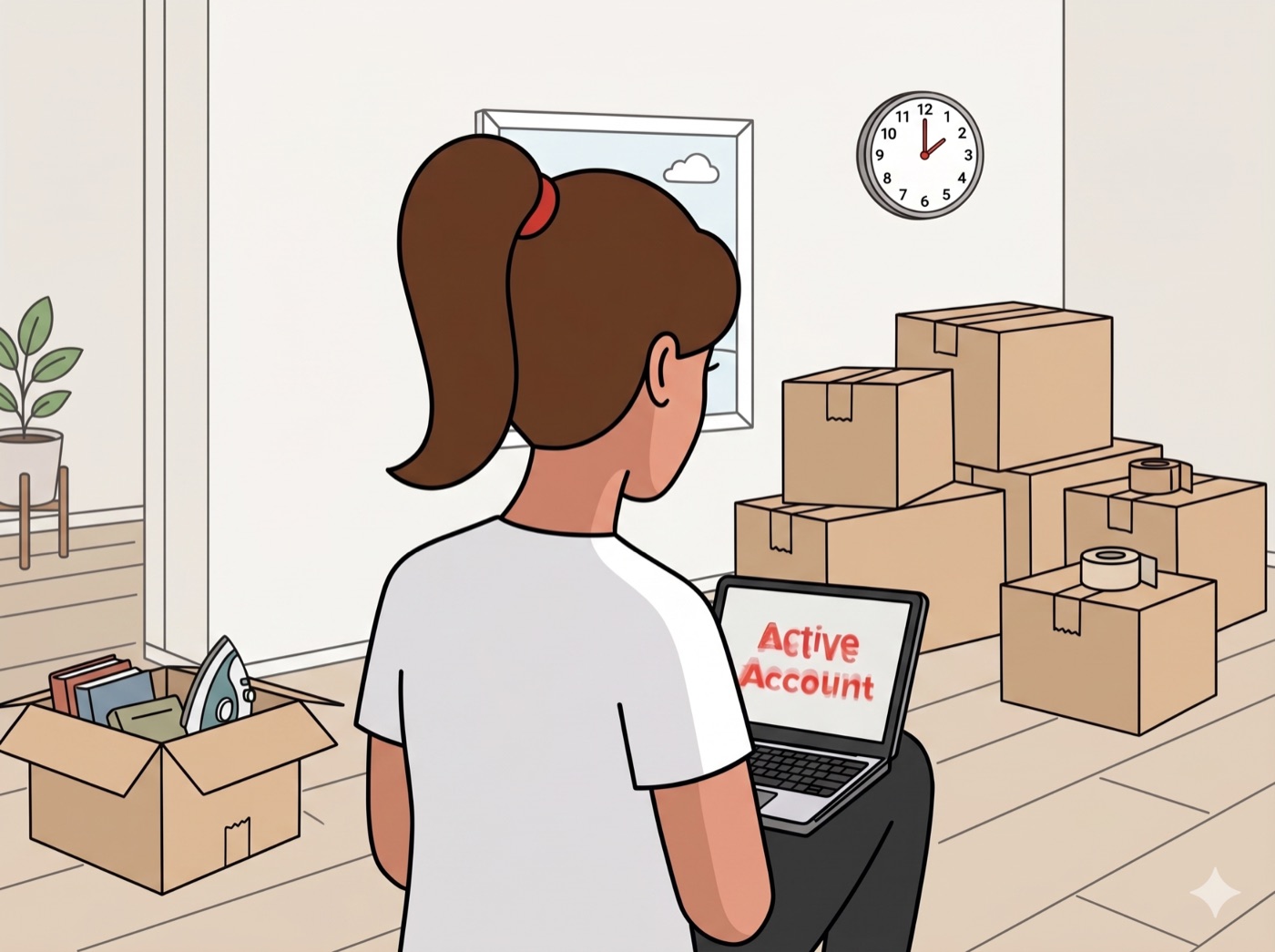 Storyboard illustration: a customer surrounded by moving boxes looks at a laptop that reads Active Account.
