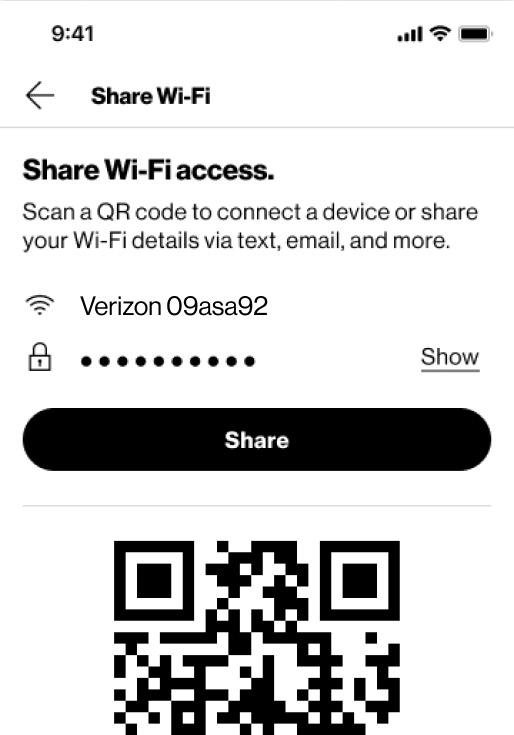 The shipped Share Wi-Fi screen — network name, masked password, a share control and a QR code to scan to connect