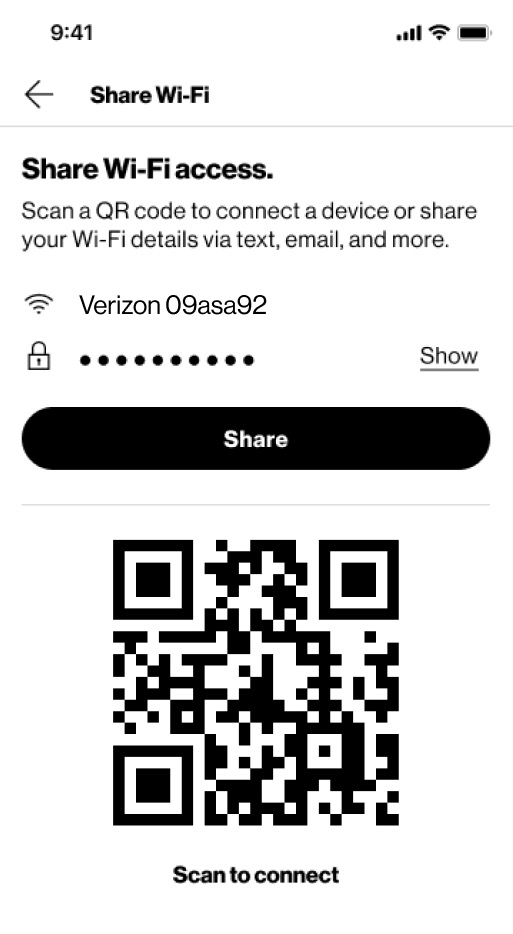 The shipped Share Wi-Fi screen on a phone — network name, masked password, a share control and a QR code to scan to connect