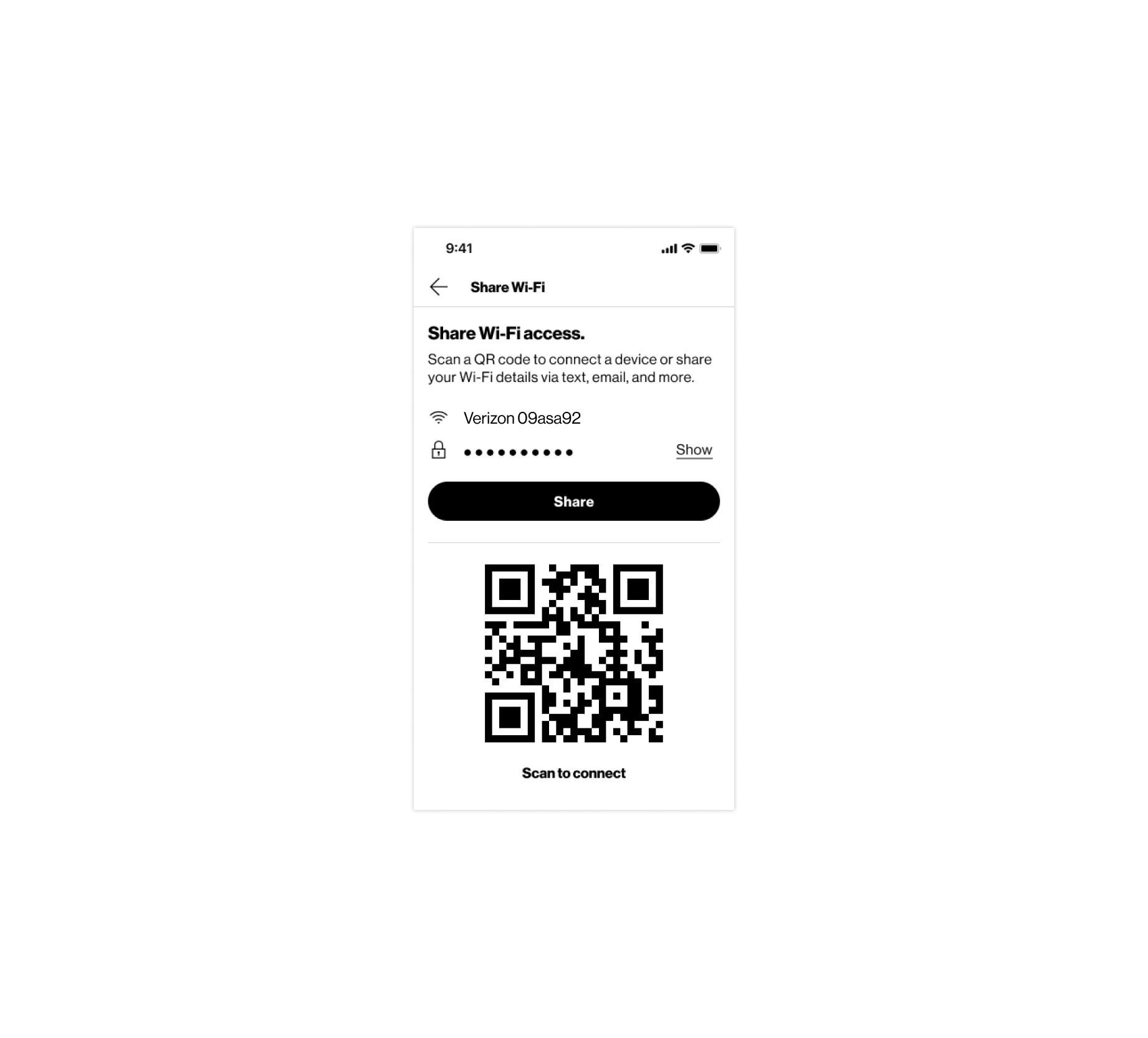 The shipped Share Wi-Fi screen — network name, masked password, a share control and a QR code to scan to connect