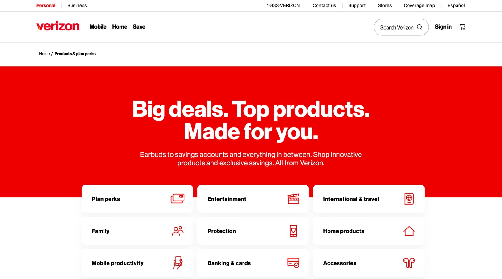 The live Verizon Products & plan perks store, with its category grid: Plan perks, Entertainment, International & travel, Family, Protection, Home products, Mobile productivity, Banking & cards, Accessories.