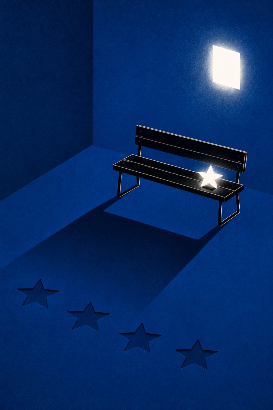 Illustration: a single glowing star sits on an empty bench in a dark blue room lit by one small window, with four star-shaped hollows in the floor.