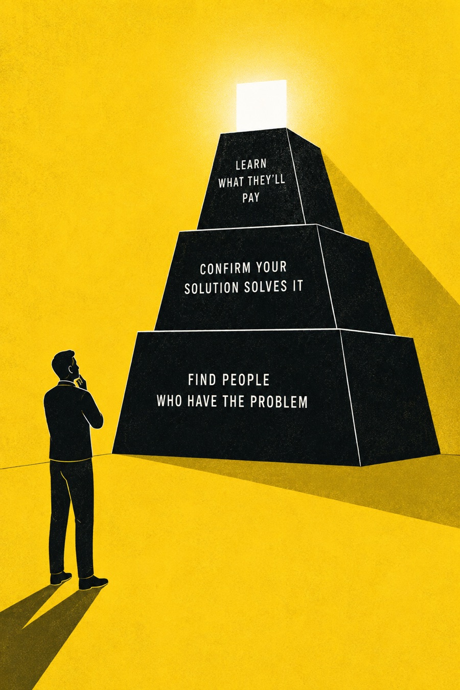 Illustration: a man looks up at a three-tier pyramid on a yellow ground. Its tiers read, bottom to top: Find people who have the problem. Confirm your solution solves it. Learn what they’ll pay.